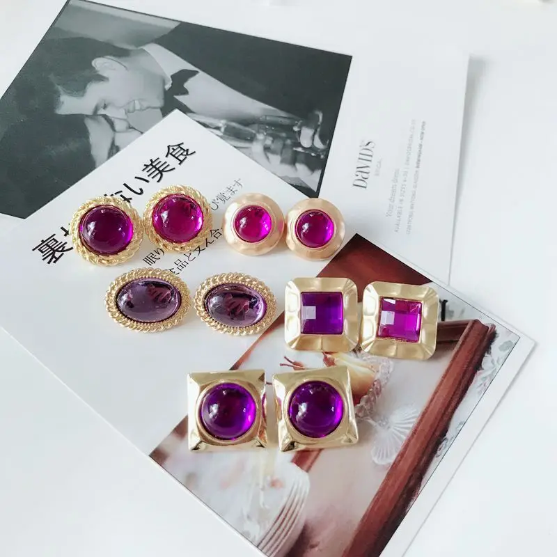 Purple Opal Color Geometric Alloy Sweet Clip Earrings For Birthday Gifts