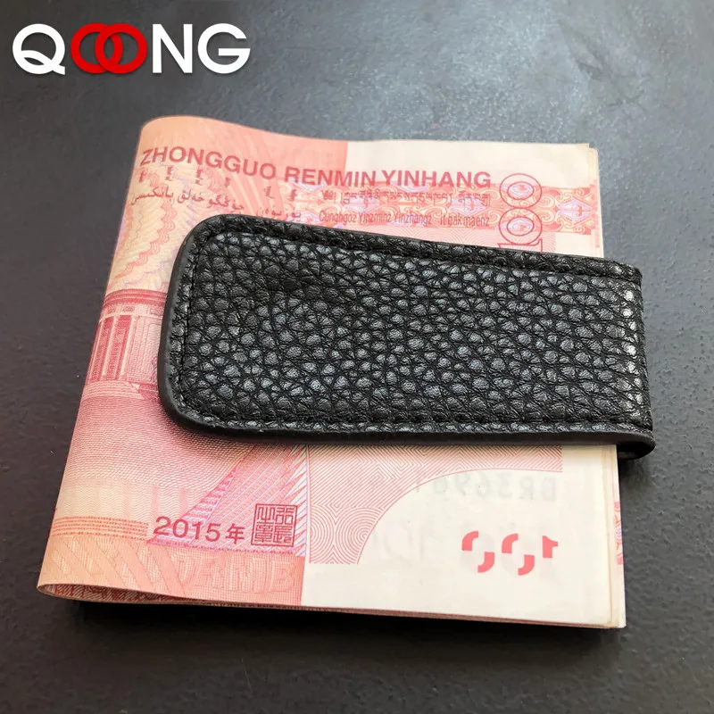 

QOONG Strong Magnet Money Clip Cowhide Leather Mini Wallet Retro Ultra-thin Magnetic Banknotes Credit Cards Check Clip ML1-002