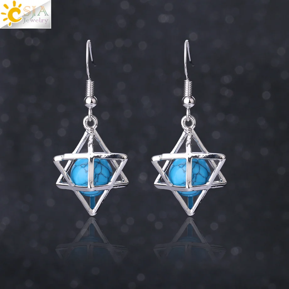 CSJA Natural Stone Hexagram Earrings Merkaba Hollow Star Purple Crystal Round Bead Drop Earring Reiki Fashion Women Jewelry F878