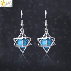 CSJA Natural Stone Hexagram Earrings Merkaba Hollow Star Purple Crystal Round Bead Drop Earring Reiki Fashion Women Jewelry F878