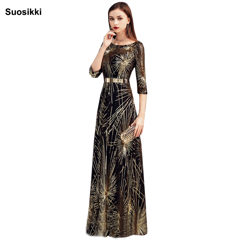 

Suosikki Sequins Beading Evening Dresses Black Gold Long Formal Prom Party Dress 2019 New Style