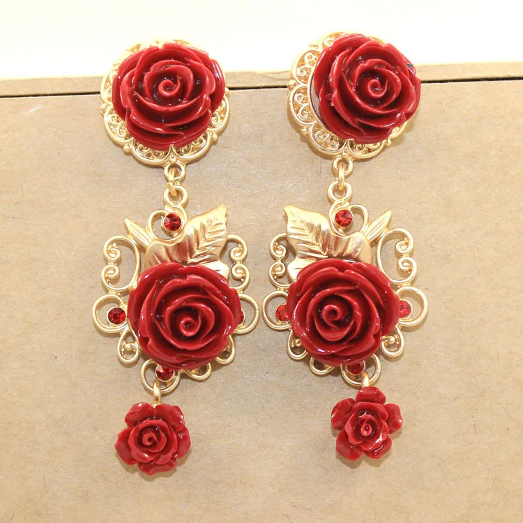 new Baroque Vintage Dark Red Flower Dangle Earrings metal hollow Gold color Bride Party Drop Long Earrings