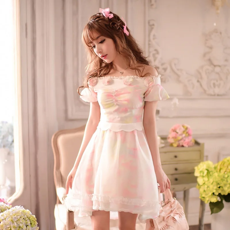 

Princess sweet lolita dress Candy rain Summer Japanese style sweet slash neck flowers rainbow beach chiffon dress C15AB5757