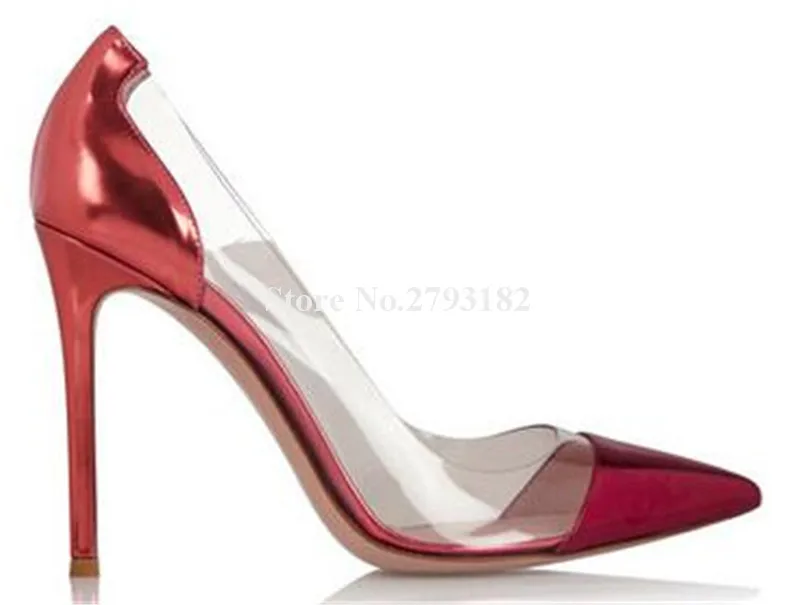 Women Classical Style Pointed Toe PVC Patent Leather Thin Heel Pumps Patchwork Transparent Nude Red 10cm High Heels Club Shoes