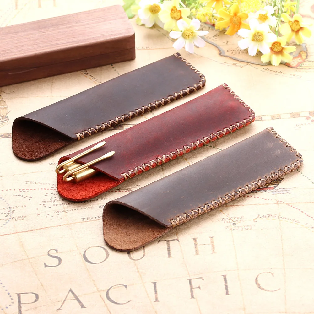 Genuine leather Pen Pouch Holder Double Pencil Bag Pen Case Sleeve For Fountain/Ballpoint Pen, Travel Diary Pen Cover