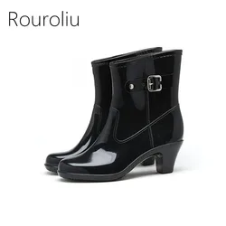 Rouroliu Women Fashion PVC Mid-calf Rain Boots Buckle High Heels Rainboots Waterproof Water Shoes Woman Wellies  ZM95