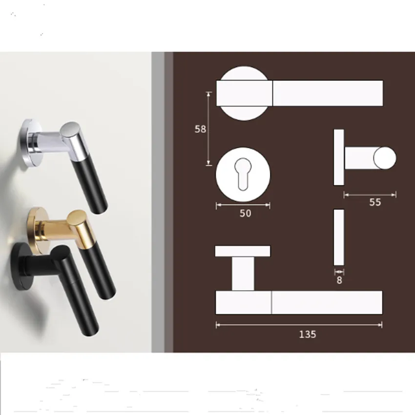 Serrure de porte d'intérieur en bois massif | simple, moderne, or argent noir, muet magnétique avec charnière, bouchon de porte, serrure de porte de salle