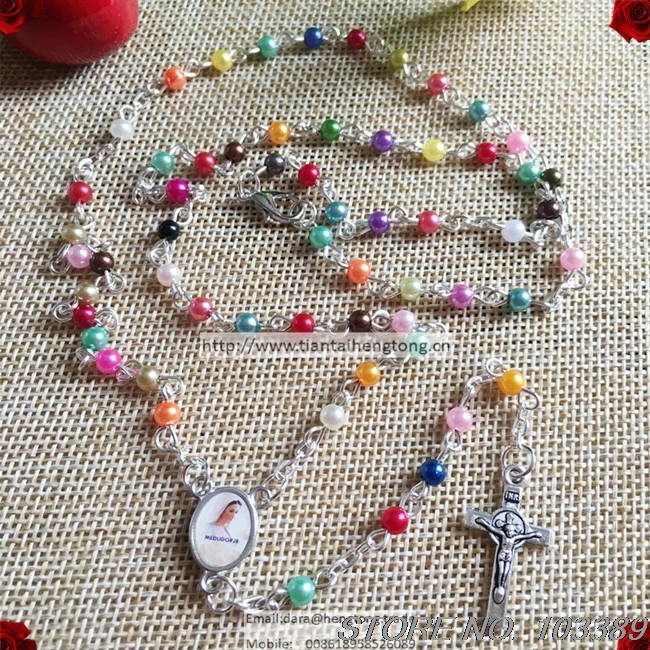 4mm mini faux pearl bead rosary with Lobster Clasp at the end,Pur Lady of Medjugorje center and benedict cross 5pieces/lot