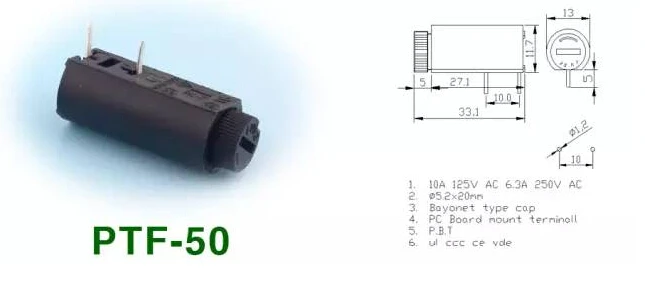 

PTF50 PCB Horizontal Fuse Holder PTF-50 5*20mm Panel Mount Fuse Holder x 100pcs