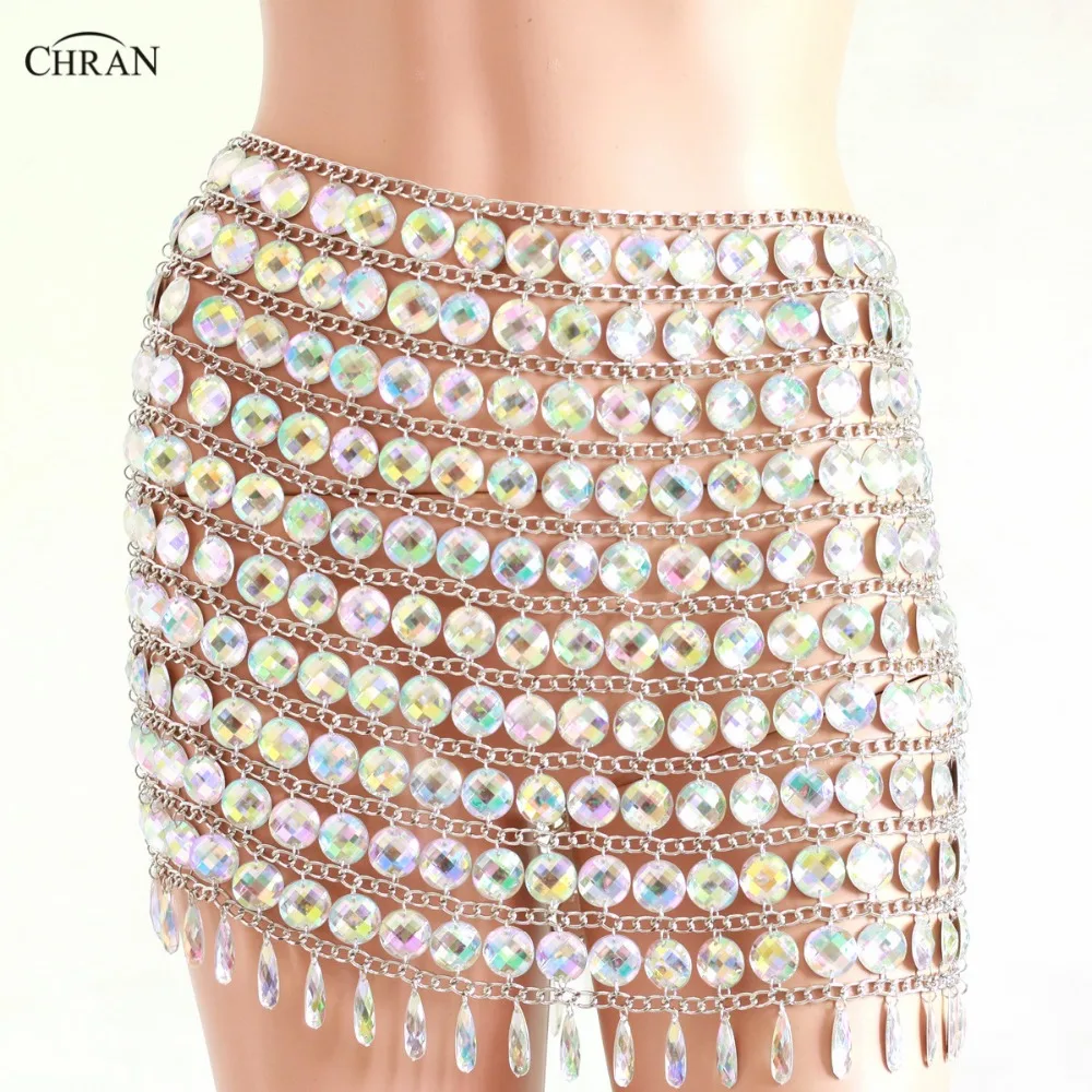 Chran AB Irridescent Beaded Skirt Lingerie Disco Party Mini Dress Beach Cover Up Chain Cape Necklace Bra Bralette Jewelry CRS216