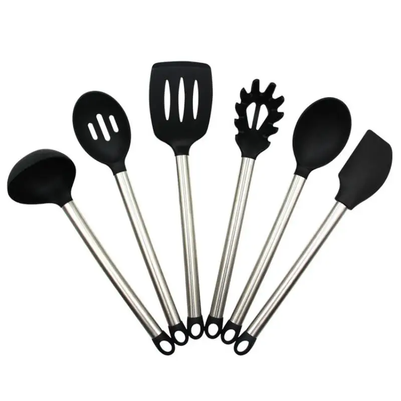 

JX-LCLYL 6Pcs Latest Stainless Steel Black Silicone Spade Scraper Spoon