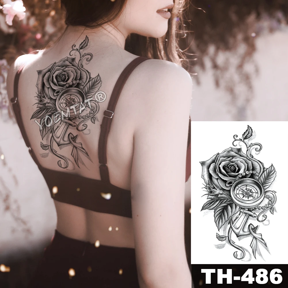 Autocollant de tatouage temporaire imperméable pour femme, faux tatouage, dentelle noire, étoiles, bras et dos, grand tatouage, art corporel, rose lys