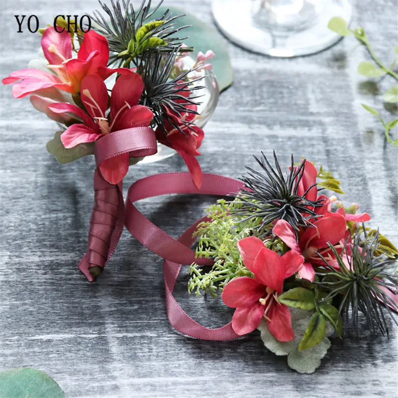 YO CHO DIY Bridesmaid Artificial Flower Bridal Wrist Gray Pompom Bridegroom Corsage Boutonniere Fake Leaves Wedding Silk Flower