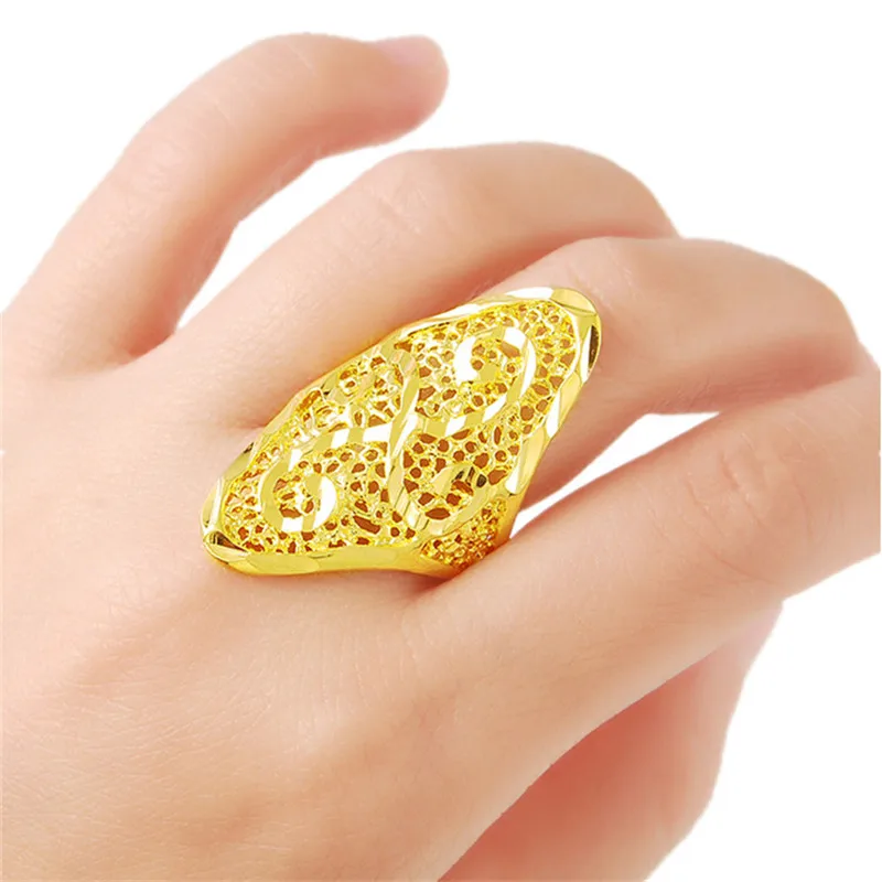 Brand Golden Ring Design Hollow Pattern Aneis Jewelry Gold Color Engagement Size 6 7 8 9 Finger Ring For Women Men