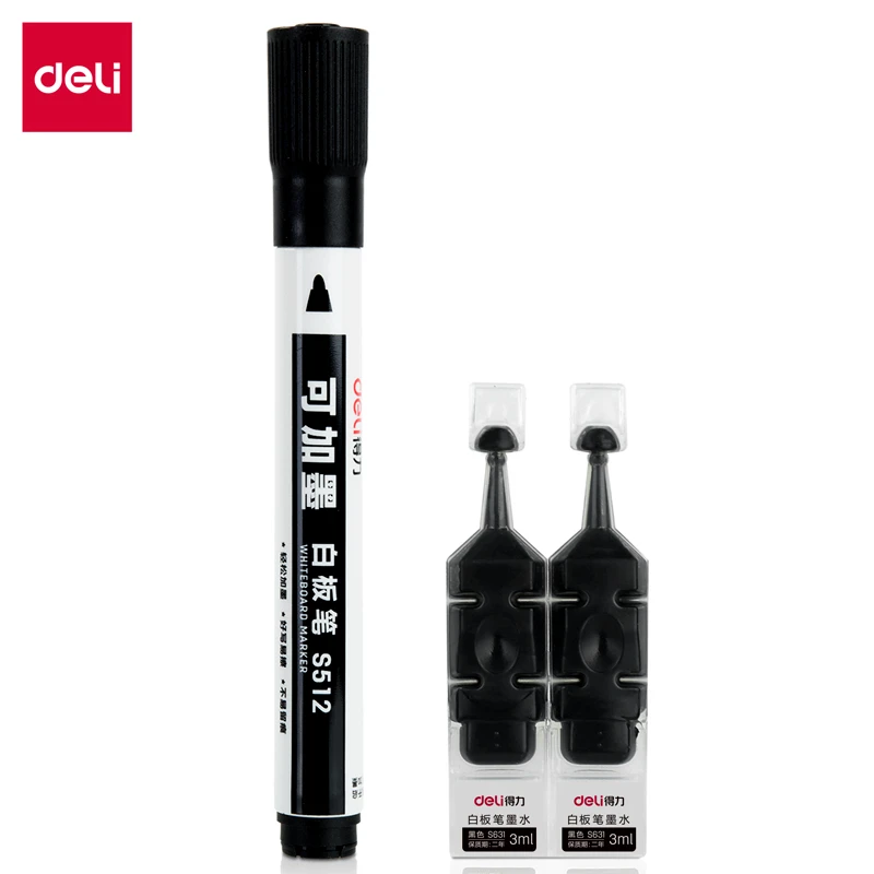 1SET Deli s512 Whiteboard marker Whiteboard pen set include 1 marker 2 inks smooth writing easy erase Black colors