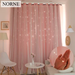 NORNE-Hollow Star Thermal Insulated Blackout Curtain for Living Room, Bedroom Window Drape Blinds Stitched with White Voile