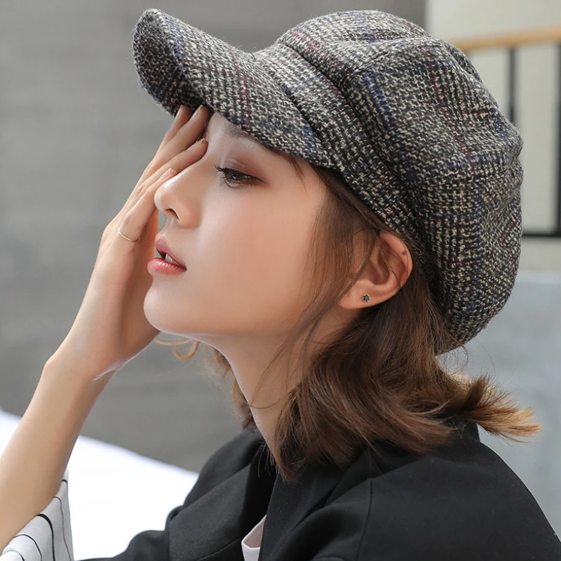 HT1991 Women Men Wool Felt Berets High Quality Autumn Winter Hat Thick Warm Unisex Octagonal  Cap Retro Plaid Beret Cap