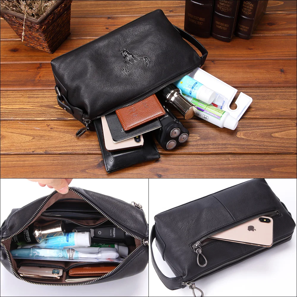 Cosmetic Case Men Genuine Leather Waterproof Toiletry Wash Bag High Capacity Handbag Travel Women Make Up Bag Zipper Organizer