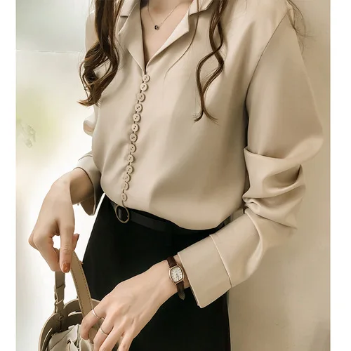 Pure Color Women Shirt Girl New Summer Turn Down Collar Ladies Office Blouses Female Long-sleeved Vintage Shirts Clothes H9010