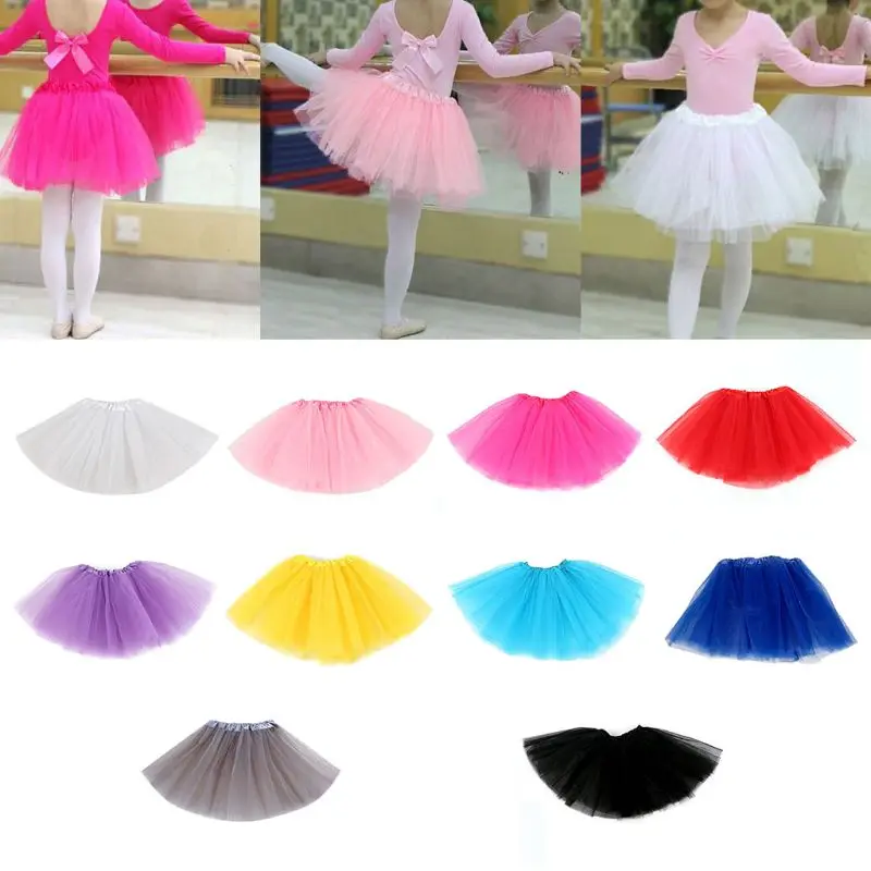 10สีเด็กสามชั้นบัลเล่ต์เต้นรำกระโปรงTutuสีคลาสสิกมินิชุดจีบยืดหยุ่นPartyกระโปรง