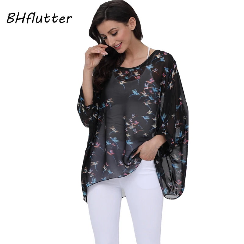 BHflutter Plus Size 2018 Women Tops Tees Batwing Sleeve Casual Loose Chiffon Blouse Shirt O neck Solid Summer Blouses Blusas