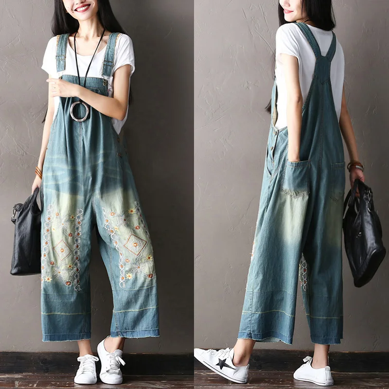 

2017 female new summer plus size embroidered bib pants all-match 100% cotton big crotch jeans pants