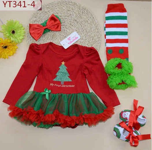 

Newborn baby clothing toddler girls christmas shoes tutu dresses bodysuit lace ruffle leg warmer bow hair band four piece set