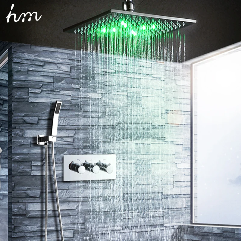 hm Ceiling LED Shower System Set 10Inch Square Rainfall Shower Head Panel Bathroom Water Saving Thermostatic Mixer Faucets Kit