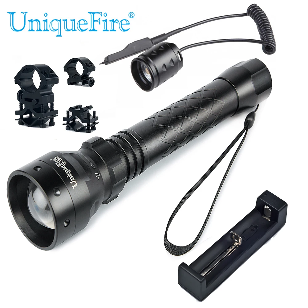 

UniqueFire Flashlight Black UF-1502 IR 850nm Led Light T38 Torch Set+Charger+Tail Switch+Scope Mount f. Night Vision Hunting