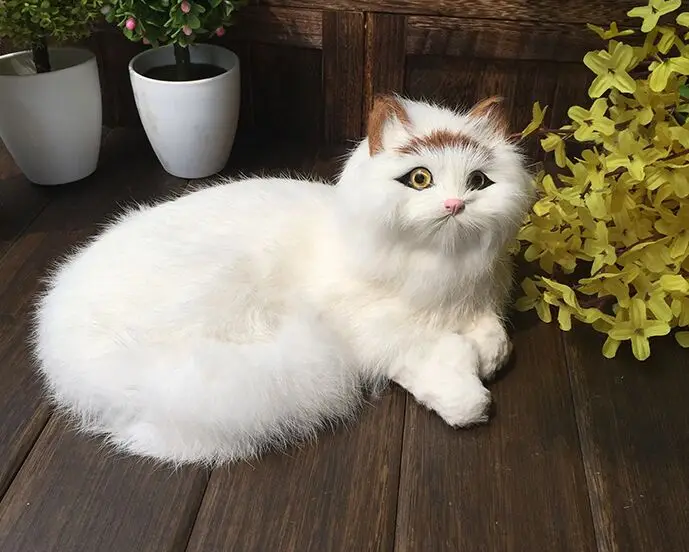 lying white cat model 21x16x12cm,polyethylene& real furs handicraft Figurines&Miniatures decoration model gift a2950