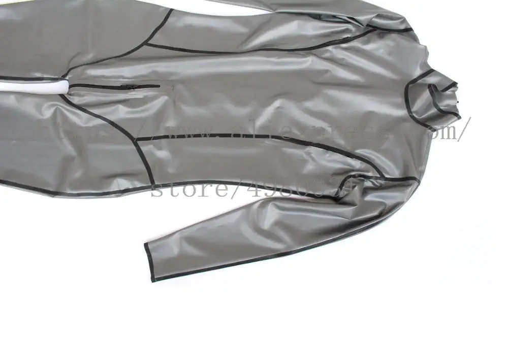 Unisex catsuit metallic silver latex zentai เต้านมและฟุตซ่อนซิปกลับซิปหน้าท้องสีดำสี