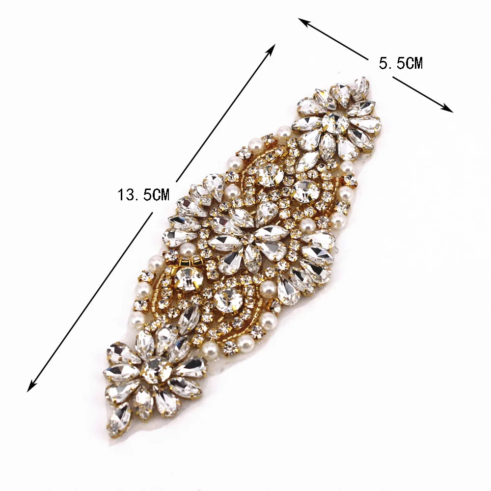 1 Pcs Handmade Bridal DIY Gold Crystal Rhinestones Appliques For Bridal Gown Sash AccessoryIron On Patch Motif Applique