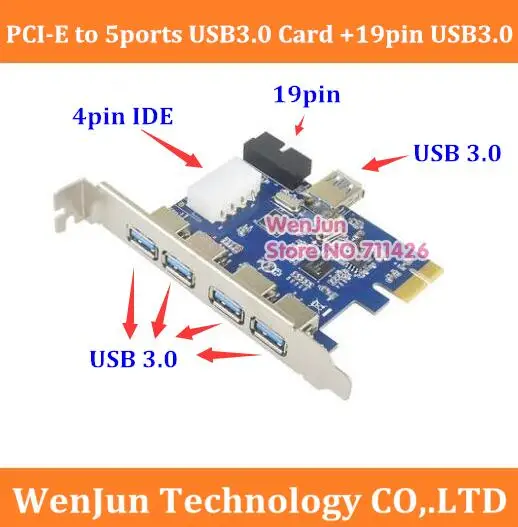 High Speed PCI Express PCI-E to 5ports USB 3.0 +19pin USB3.0 expansion card with 4pin IDE port adapter card for Desktop