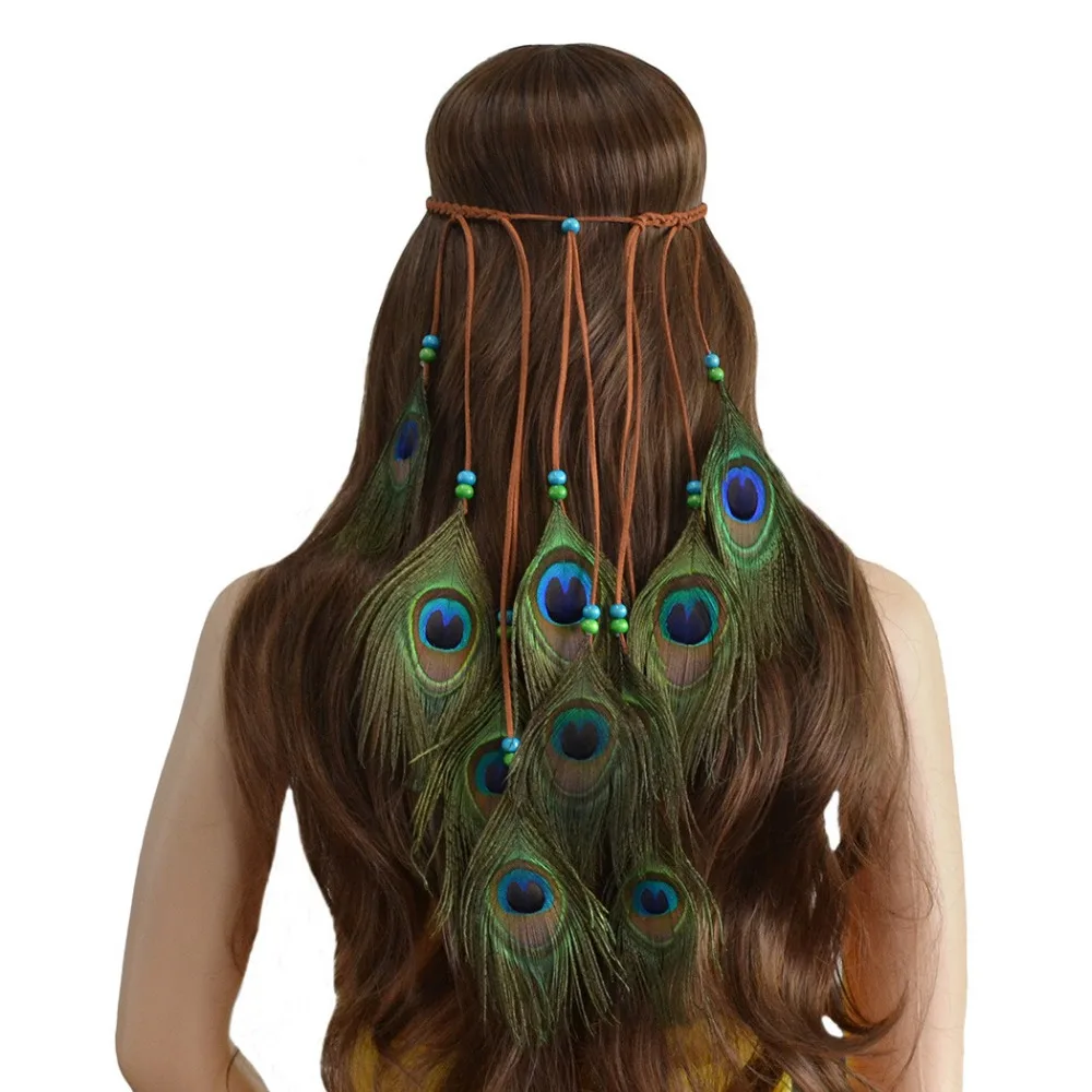 Bohemian Peacock Feather Headbands Hair Accessories Women Hippie Festival Turkish Ethnic Resin Beaded Long Adjustable Headdress