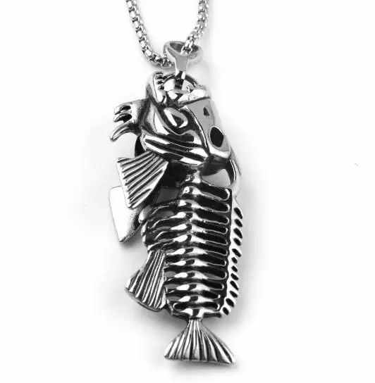 

Stainless Steel Vintage black Fish Bone pendant necklace for men's jewlery 3mm 24 inch rolo chain