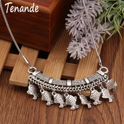 Aihua Boho Tibet Silver Color Fish Tassel Necklaces Vintage Hollow Carved Statement Necklaces Pendants for Women Accessories