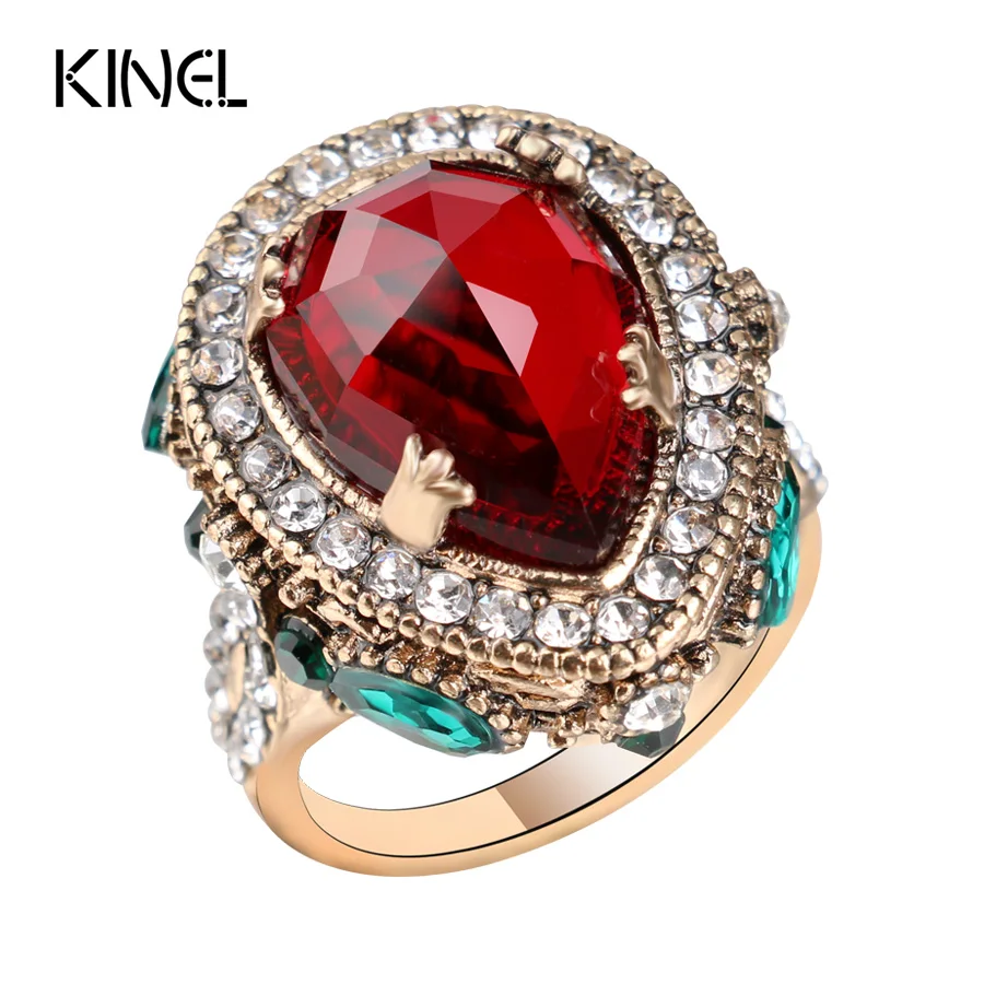 2017 New Luxury Vintage Wedding Rings For Women Red Crystal Color Antique Gold Punk Party Cocktail Ring Turkish Jewelery