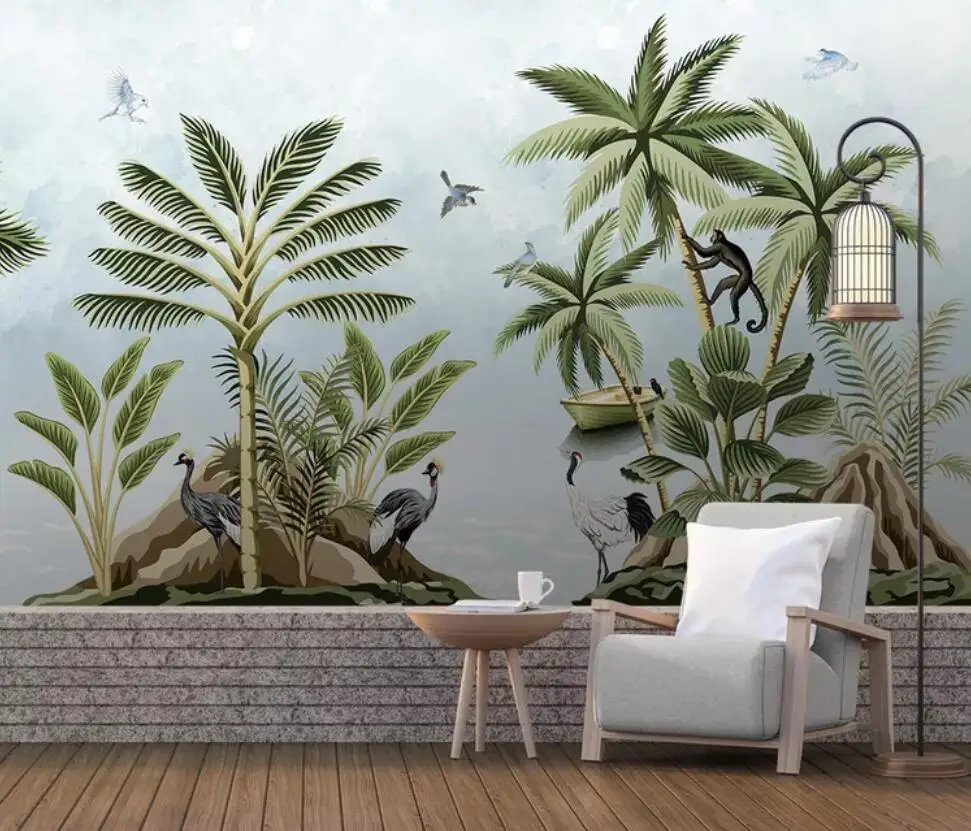 

Custom large mural wallpaper Nordic hand-painted small fresh tropical rainforest planting living room bedroom background wall