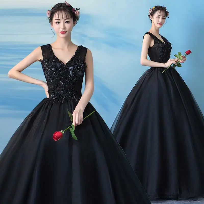 Vestidos de quinceañera negros con apliques de cuello en V, vestidos de baile de graduación, vestidos de quinceañera negros con cuentas, novedad de 2019