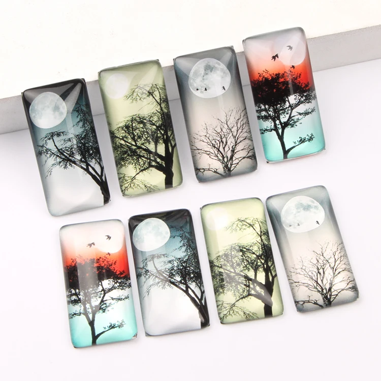 reidgaller 20pcs 19*38mm rectangle moon tree photo glass cabochon diy mixed accessories for pendants jewelry making