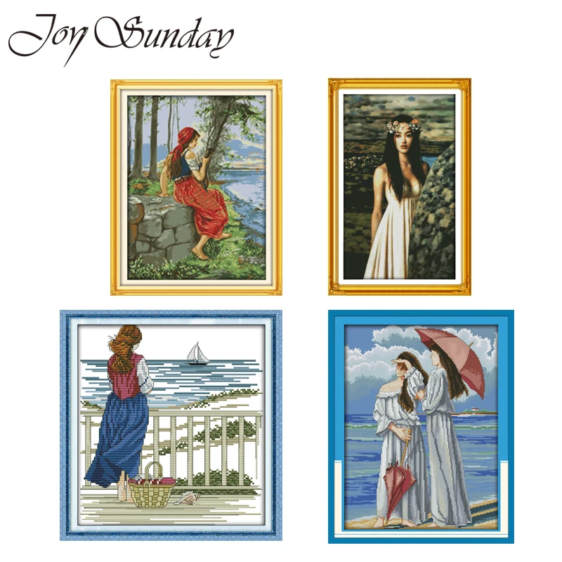 Joy Suanday Cross Stitch Embroidery Aida Fabric Watching the sea 14 11CT DMC Thread Water Soluble Canva Stitch Cross Needlework