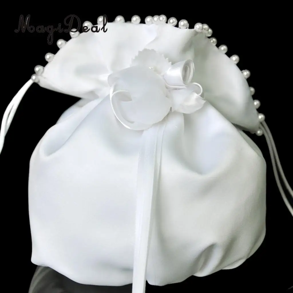 MagiDeal Satin Pearl Rhinestone Wedding Bridal Flowers Girls Dolly Bag Handbag Wedding Party Favors Gifts Candy Bag