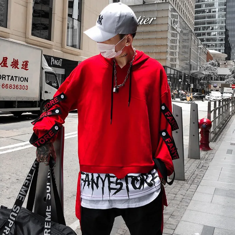 Hoodies Men Fake 2 Pieces Ribbons Hooded High Street Pullover Sweatshirt Men Fashion Hip Hop Streetwear Hoodie Spring Autumn
