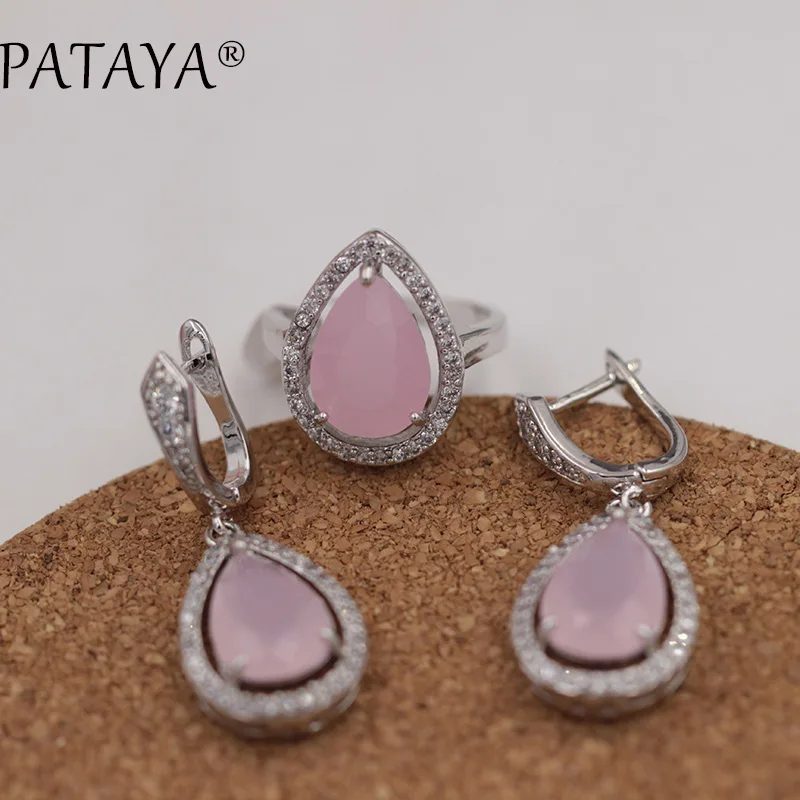 PATAYA True White Gold Color Jewelry Sets Green Water Drop Natural Zircon Earrings Ring Set Women Romantic Wedding Party Jewelry