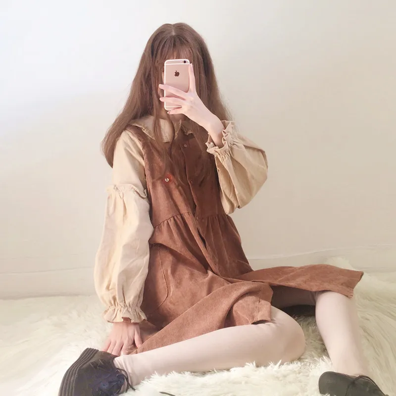 Women\'s Beach Casual Dresses Vintage Kawaii Ulzzang Corduroy Strap Suit Dress Female Cute Kawaii Harajuku Clothing For Women