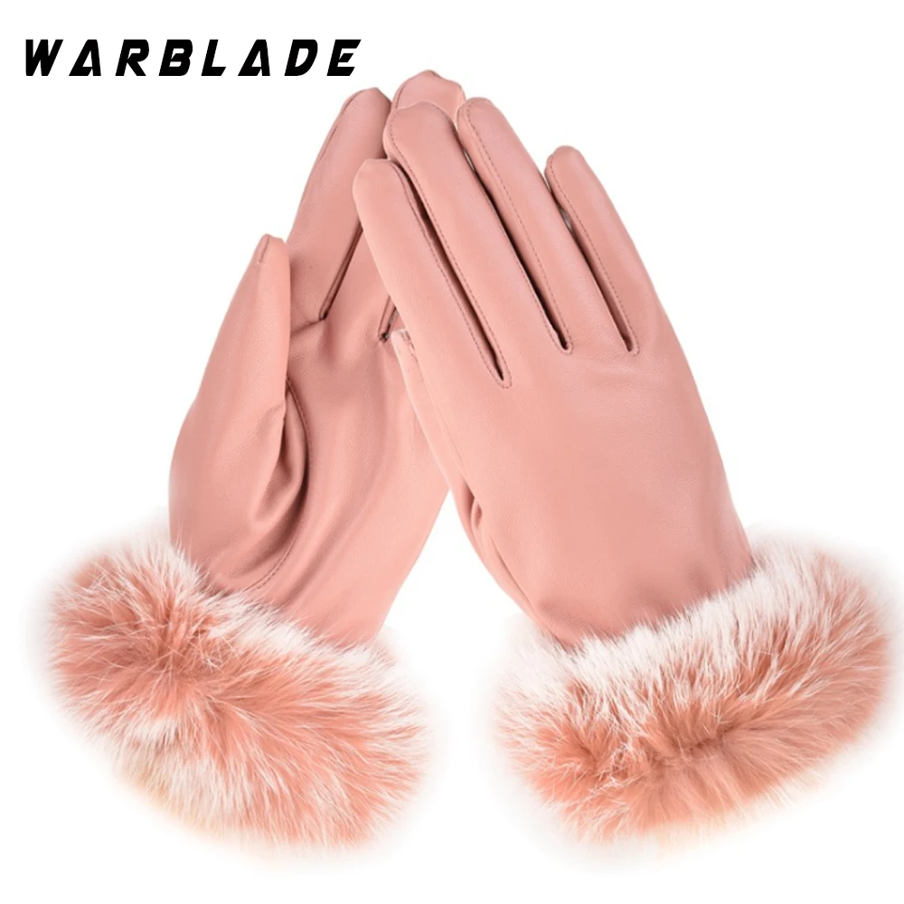 WarBLade Fashion Winter Women Outdoor Casual Gloves Leather Plush Windproof Full Finger Wrist Mittens Lady Warm Rabbit Fur Glove