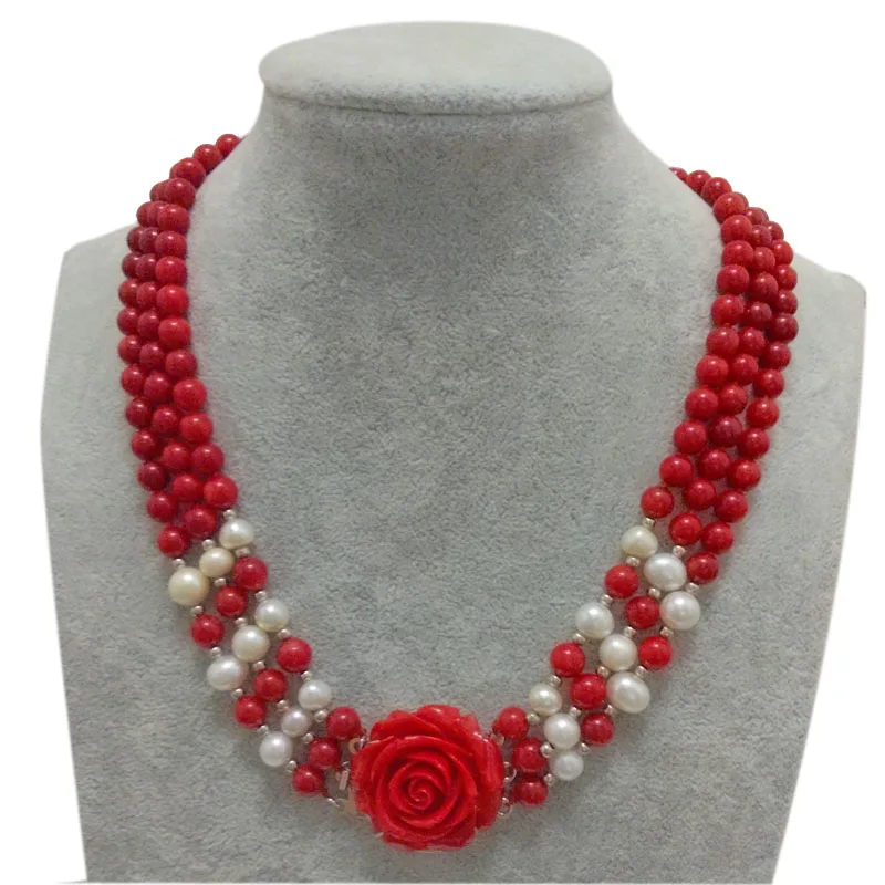 

3 rows 17-19 inches 7-8mm Red Round Natural Coral Beads & Natural Freshwater Pearls Necklace