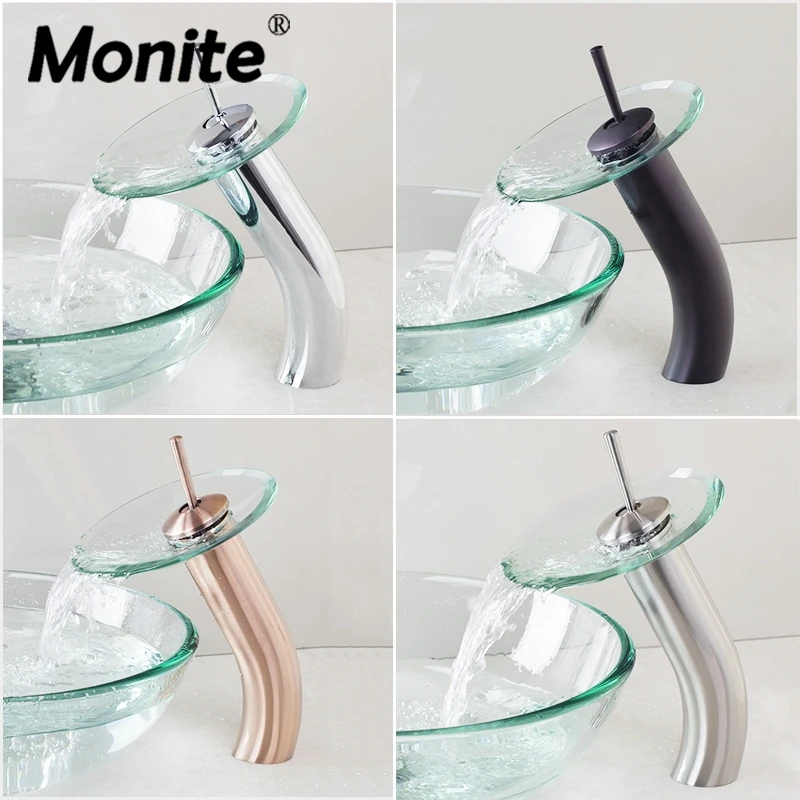 

Monite Chrome Polish Black ORB Transparent Tempered Nickel Brush Tap Waterfall Glass Bathroom Water Basin Sink Tap Mixer Faucet