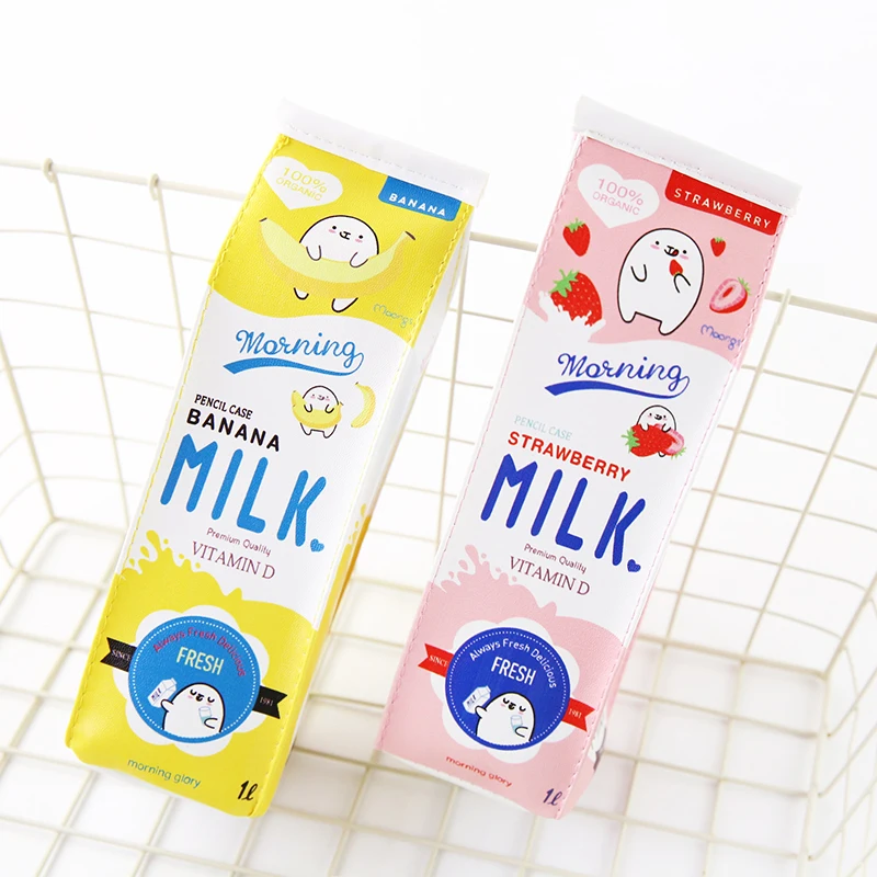 Morning Milk Pen & Pencil Bag PU Material Big Case School Student Banana Panda Strawberry Stationery Storage Organizer  F454