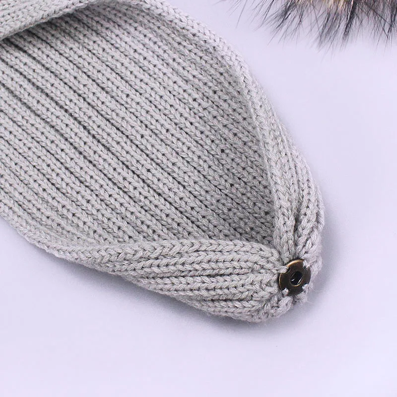 2 Pieces Set Children Winter Hat Scarf For Girls Boys Real Natural Raccoon Fur Pom Pom Beanies Kids Cap Knitted Hats Wholesale